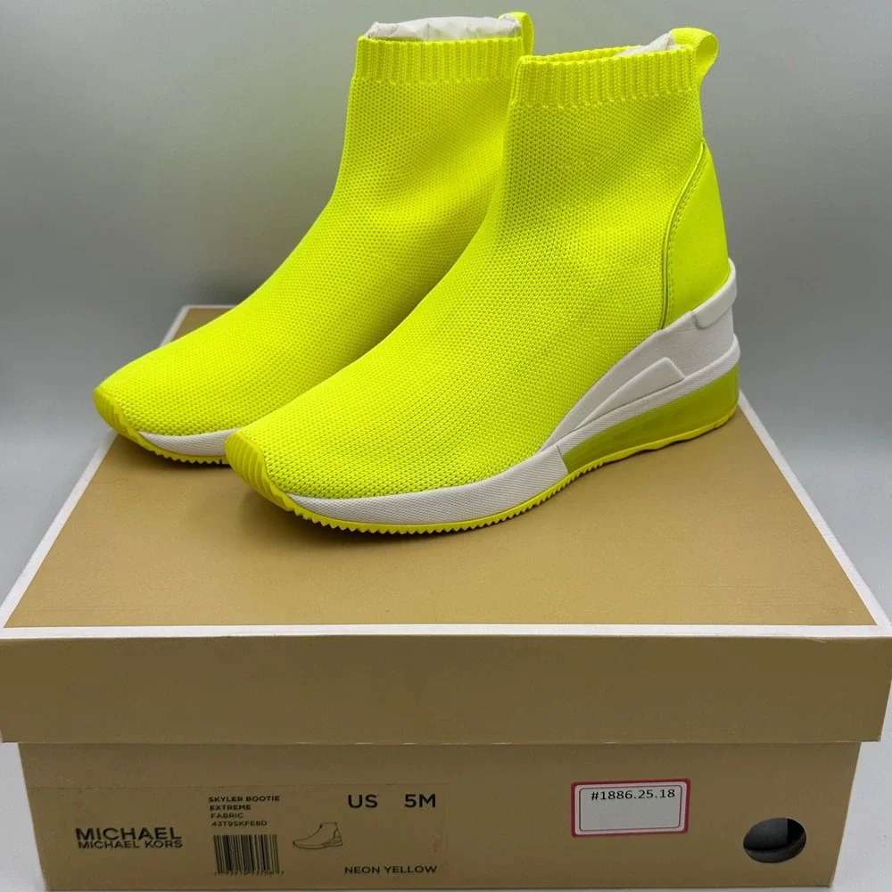 Michael Kors Womens Extreme Neon Yellow Sock‎ Sneakers Boot Wedge Heel Size 5M